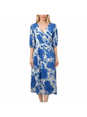 White Closet Blue Floral Paisley Puff Sleeve Midi Dress V-Neck Wrap Boho Size L
